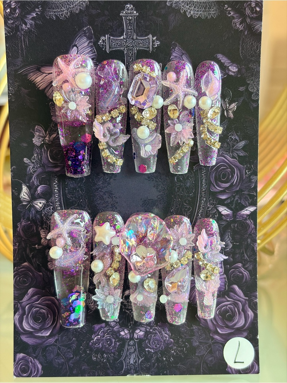 Handcrafted Purple Iridescent 3D Embellished Press-On Water Nail Set- Large